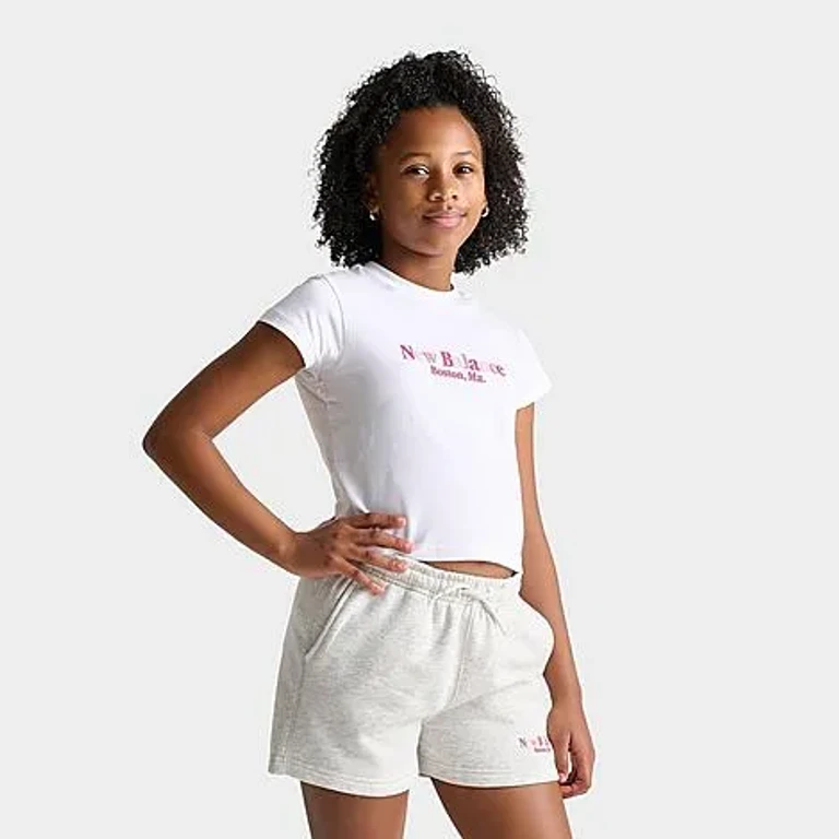 New Balance Girls' Big Kids Tricolor Baby T-Shirt in Bright White Size: Small