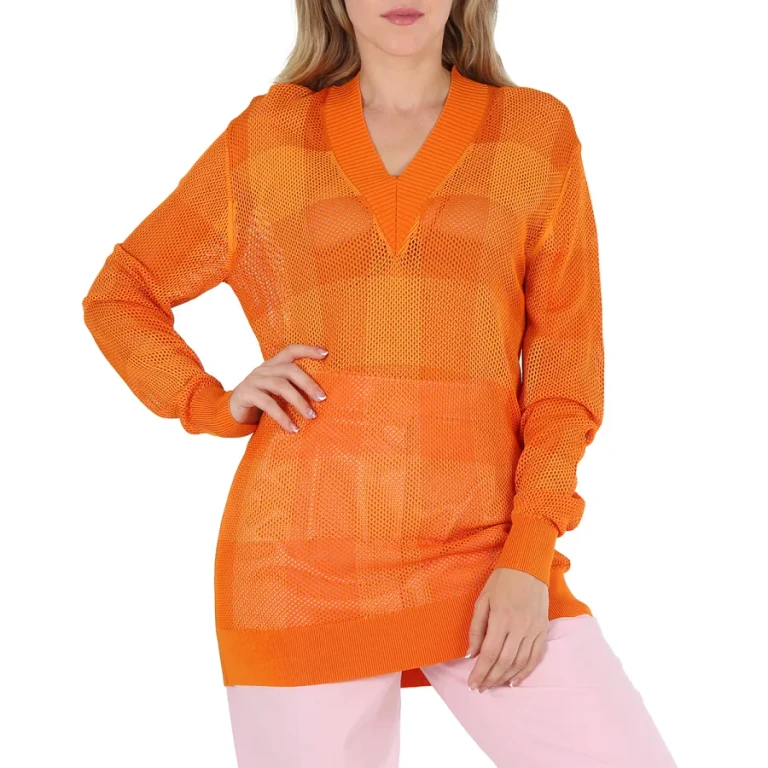 Ladies Deep Orange Zoie Check Mesh Lace V-Neck Jumper