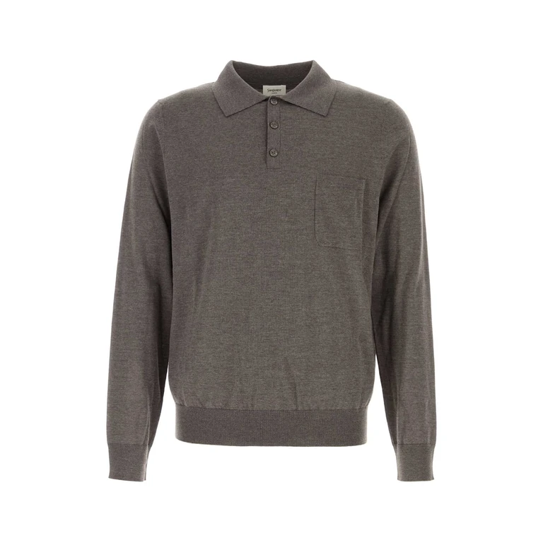 Saint Laurent Grey Wool Polo Shirt Taupechine Exterior: Virgin - Men
