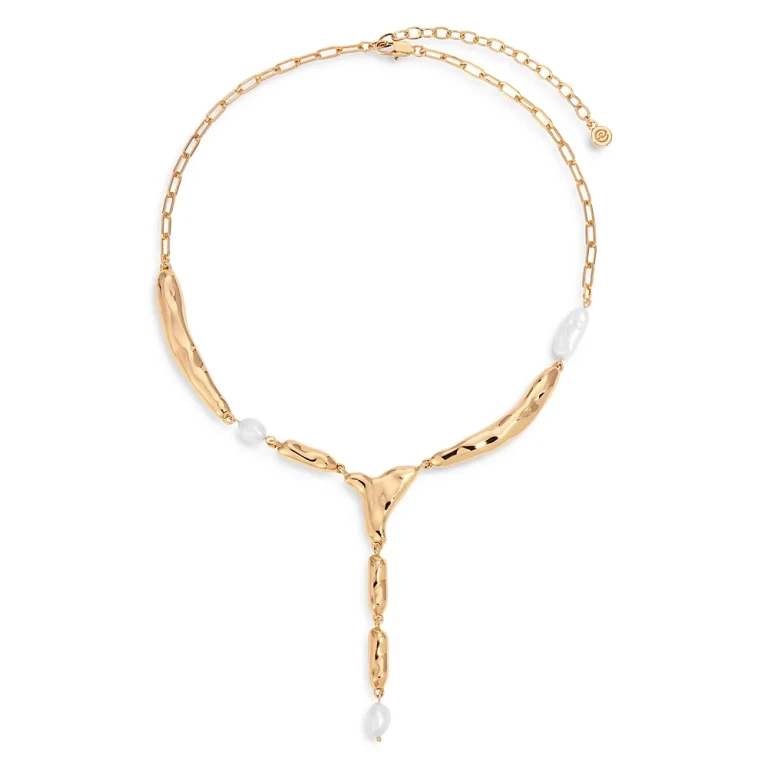 Ettika Liquid Melt Freshwater Pearl Lariat Necklace in 18K Gold Plated, 15.5-19