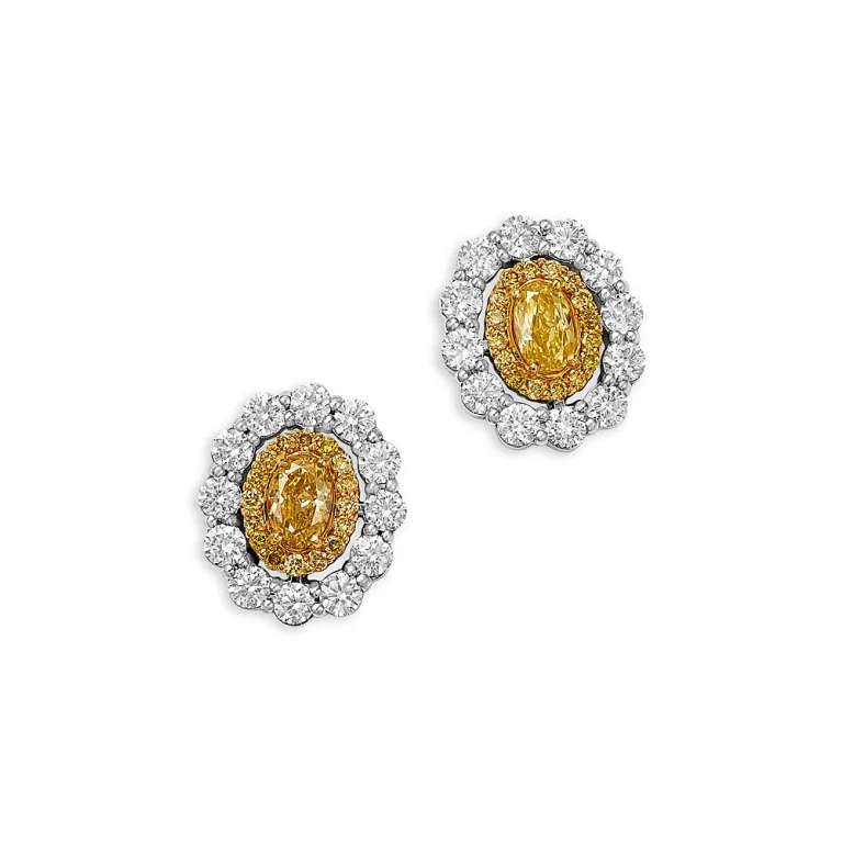 White & Yellow Diamond Halo Stud Earrings in 14K White & Yellow Gold, 1.66 tcw