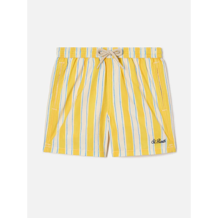 Mc2 Saint Barth Syros Jr Swim Shorts Striped With St. Barth Embroidery Yellow Swimshort