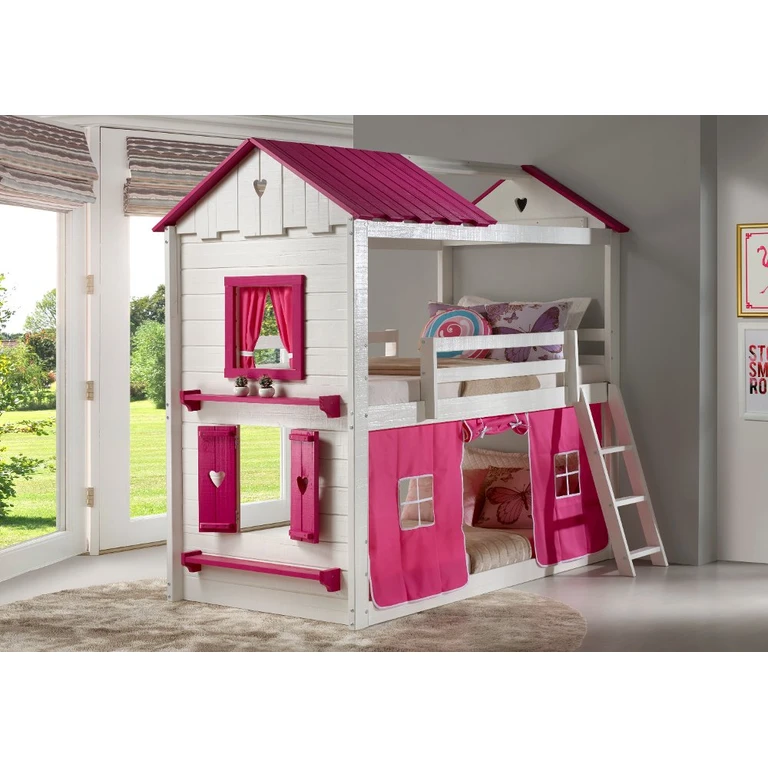 White and Pink Twin over Twin Bunk Bed with Tent - Sweetheart