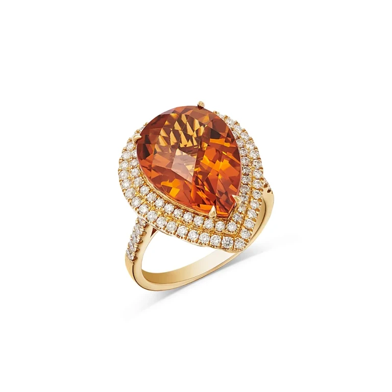 Limited Edition Cognac Citrine & Diamond Pear Shaped Ring in 14K Yellow Gold
