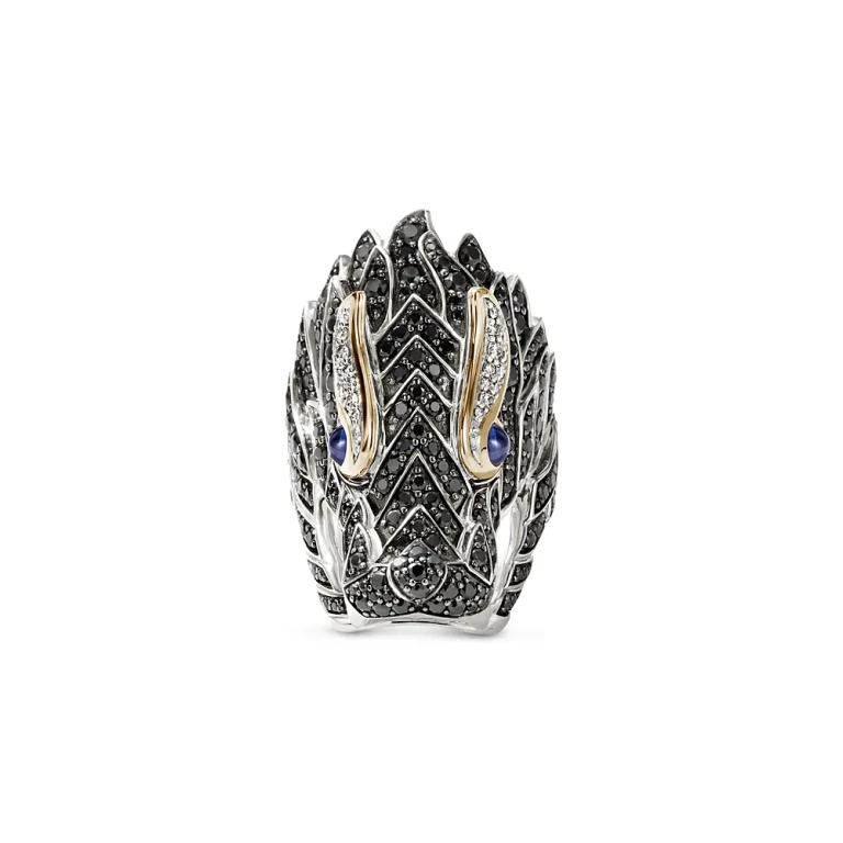 John Hardy 14K Yellow Gold & Silver Naga Diamond, Black Sapphire, Blue Sapphire, & Black Spinel Dragon Ring