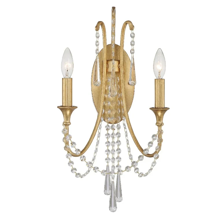 Arcadia 2-Light Wall Sconce in Antique Gold with Hand Cut Crystal Crystals