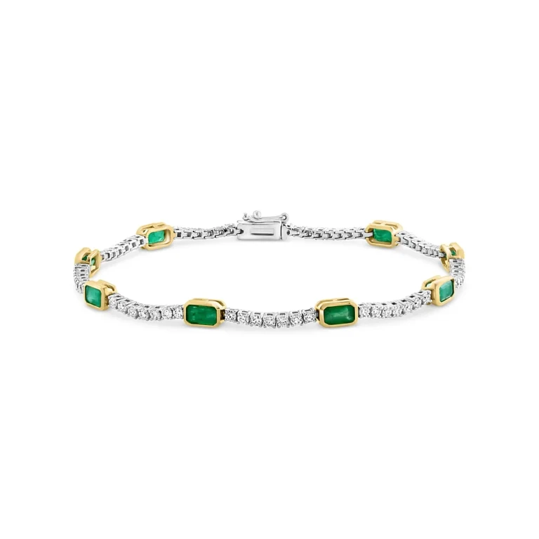 Emerald & Diamond Station Tennis Bracelet in 14K Yellow and White Gold