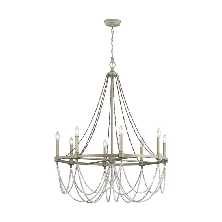Visual Comfort Studio Beverly 8-Light Chandelier in French Washed Oak And Distressed White Wood by Sean Lavin