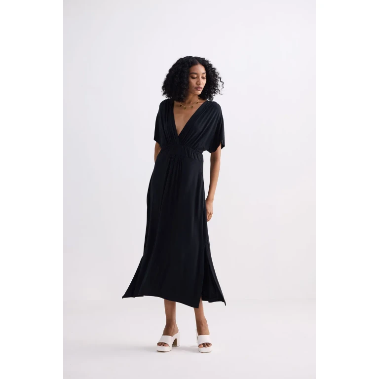 Flowy A-Line Maxi Dress with Side Slits in Black
