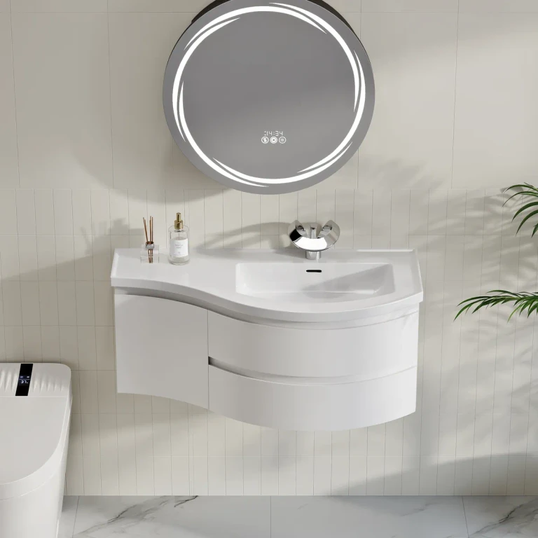 Floating Curved Bathroom Vanity in Black & Round LED Medicine Cabinet Set Right Offset