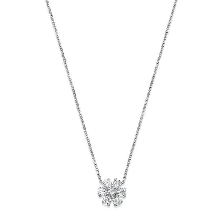 Certified Diamond Flower Pendant Necklace in 14K White Gold featuring diamonds with the DeBeers Code of Origin, 0.75 tcw