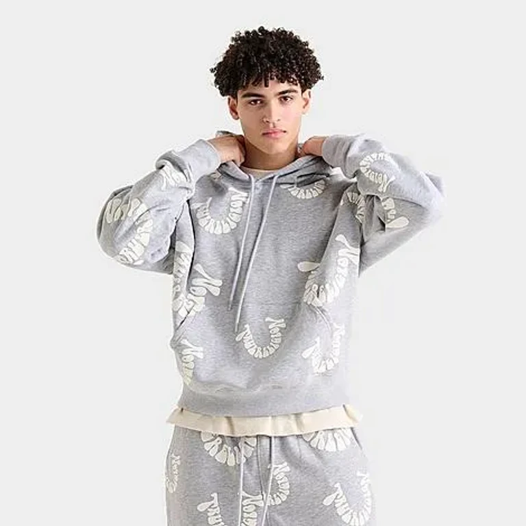 True Religion Men's Warped Logo Fleece Pullover Hoodie in Grey Heather/White Size: Small