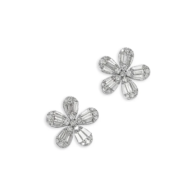 Diamond Flower Stud Earrings in 18K White Gold, 1.51 tcw