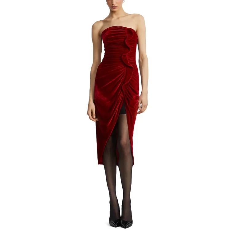 Bcbgmaxazria Strapless Velvet Ruffle Dress
