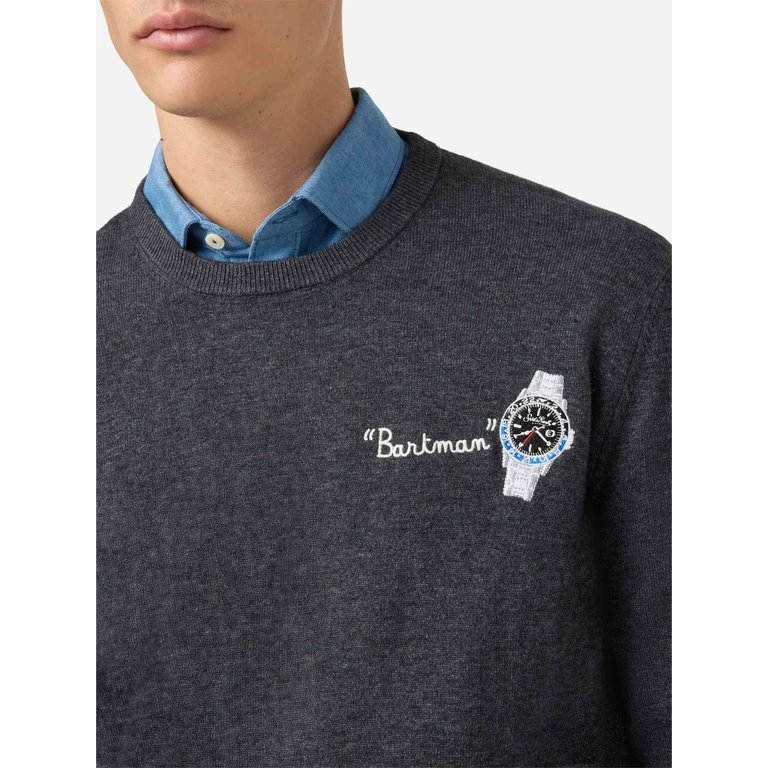 Mc2 Saint Barth Crewneck Sweater Heron Light With Bartman Embroidery Grey - Men