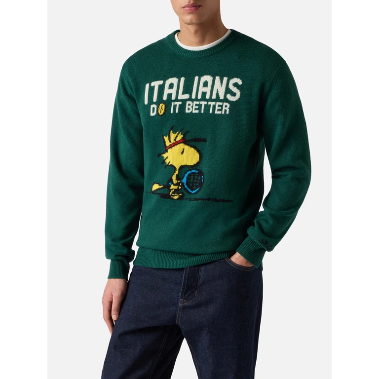 Mc2 Saint Barth Green Crewneck Heron With Woodstock Jacquard Peanuts Special Edition - Men