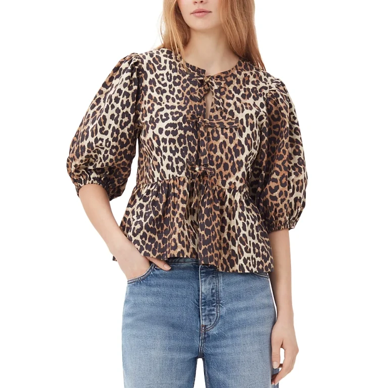 Ganni Leopard Tie Front Cotton Peplum Blouse