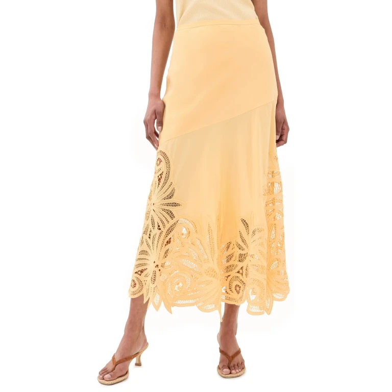 Ulla Johnson Oona Lace Applique Silk Skirt Dandelion 0