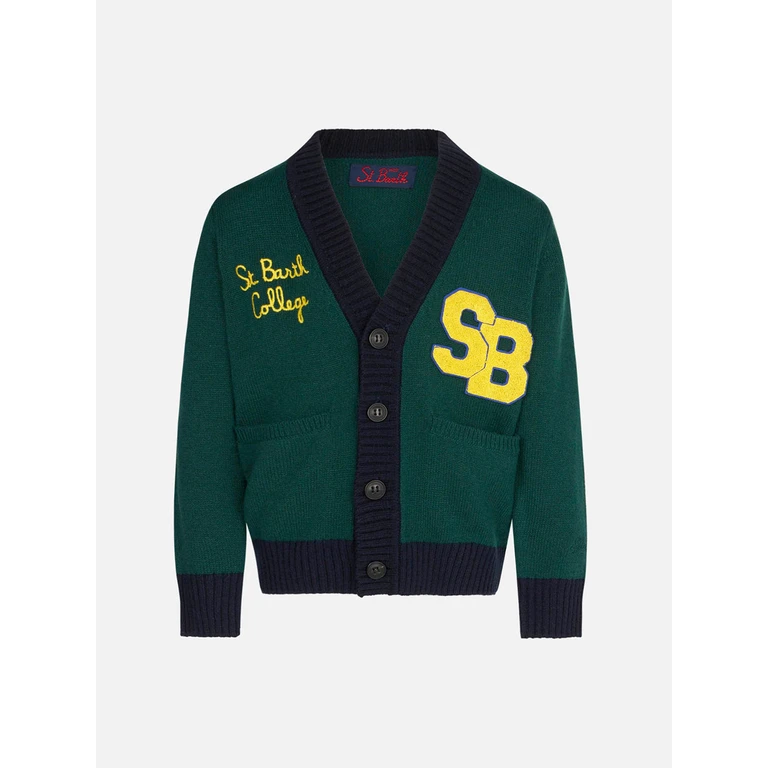 Mc2 Saint Barth Knitted Cardigan With Patch And St. Barth College Embroidery Green