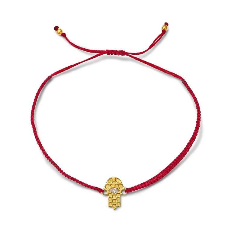 14K Yellow Gold Hilo Lab Grown Diamond Hamsa Hand Red String Slider Bracelet