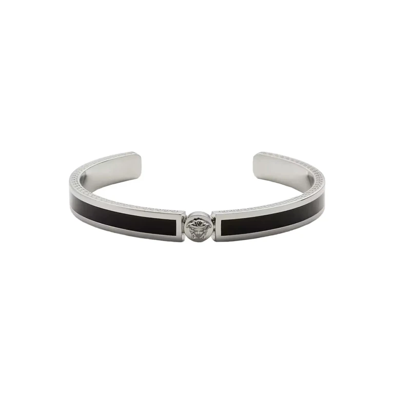 Versace Black Enamelled Rigid Bracelet With Medusa Plate And Greek Engraving In Brass For Men