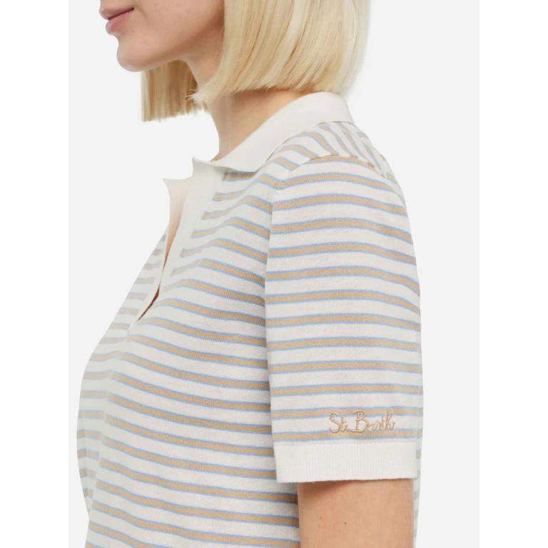 Mc2 Saint Barth Beige Striped Knitted Polo Evonne White Knitwear - Women