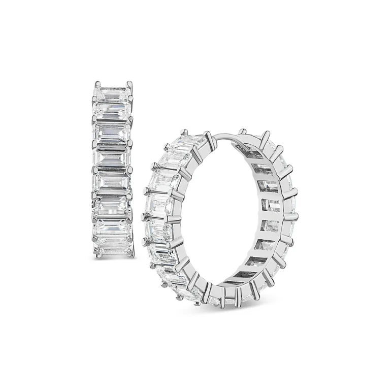 Kenneth Jay Lane Emerald Cut Cubic Zirconia Hoop Earrings in Rhodium Plated