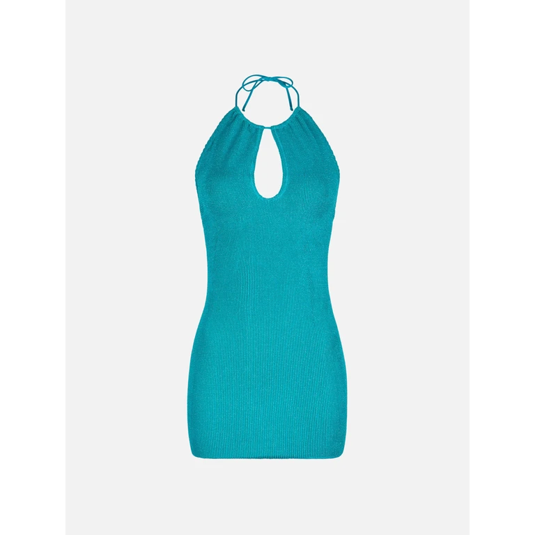 MC2 Saint Barth Woman Teal Green Lurex Halterneck Crinkle Dress