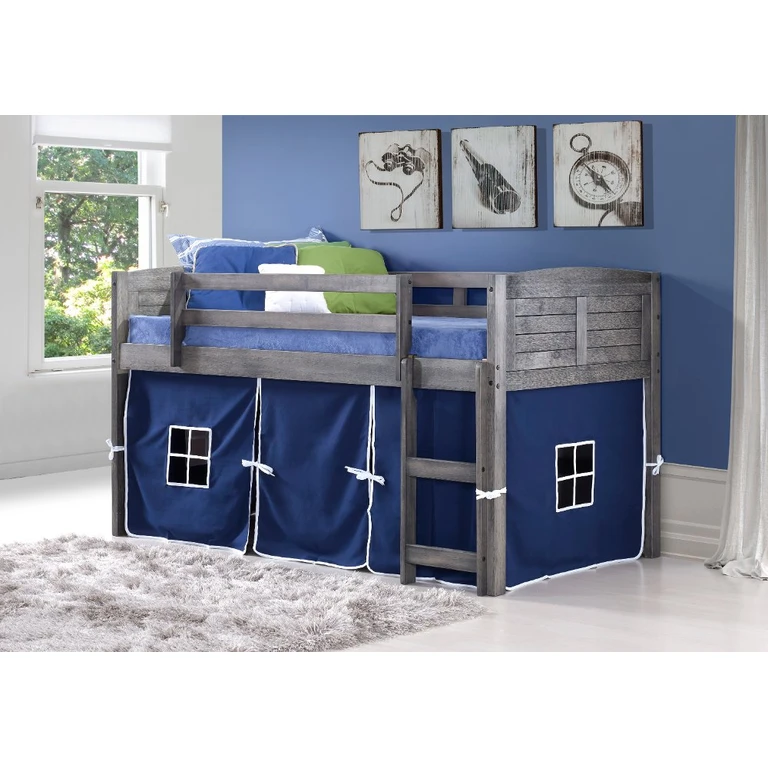 Louver Antique Gray Twin Loft Bed with Blue Tent
