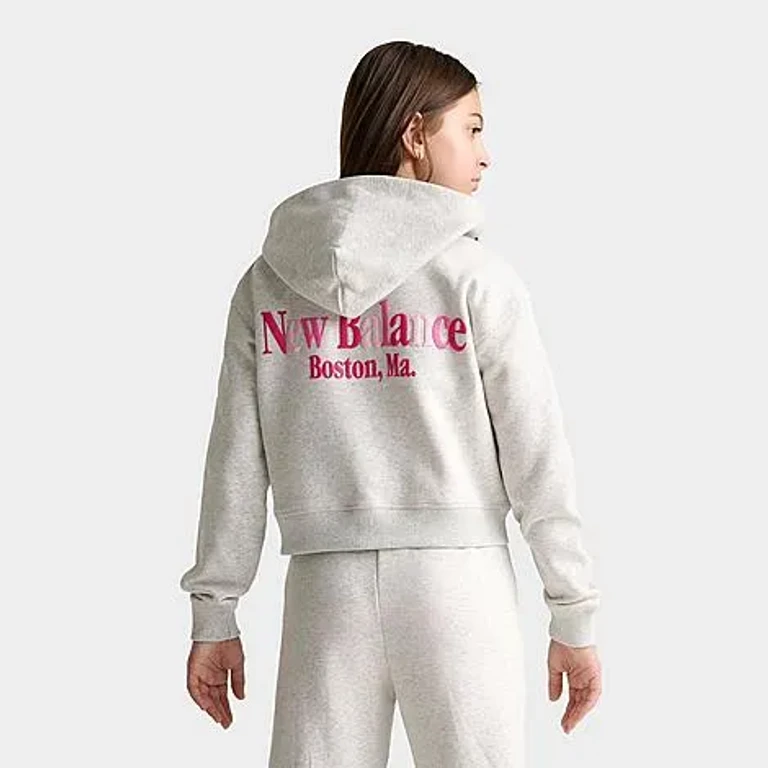 New Balance Girls' Big Kids Tricolor Cropped Full-Zip Hoodie in Ash Heather Size: Small