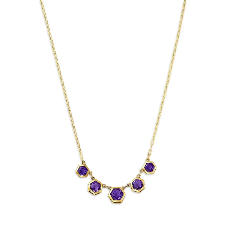 Amethyst Five Stone Collar Necklace in 14K Yellow Gold, 16-18