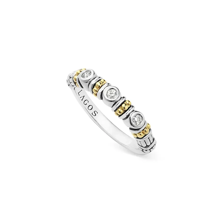 Lagos Sterling Silver Three Diamond Rittenhouse Stacking Ring with 18K Gold Stations