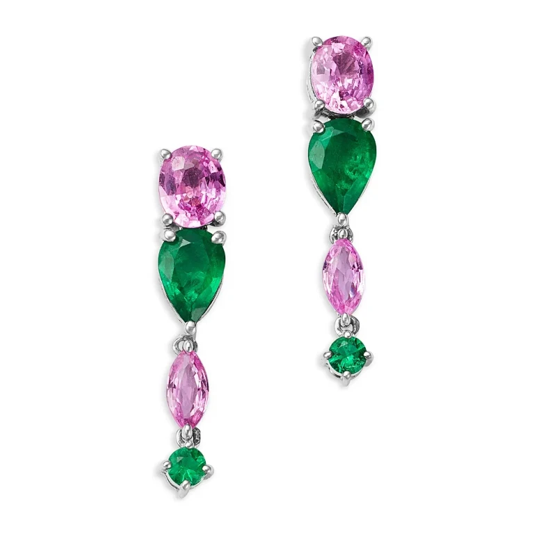 Emerald & Pink Sapphire Drop Earrings in White Gold
