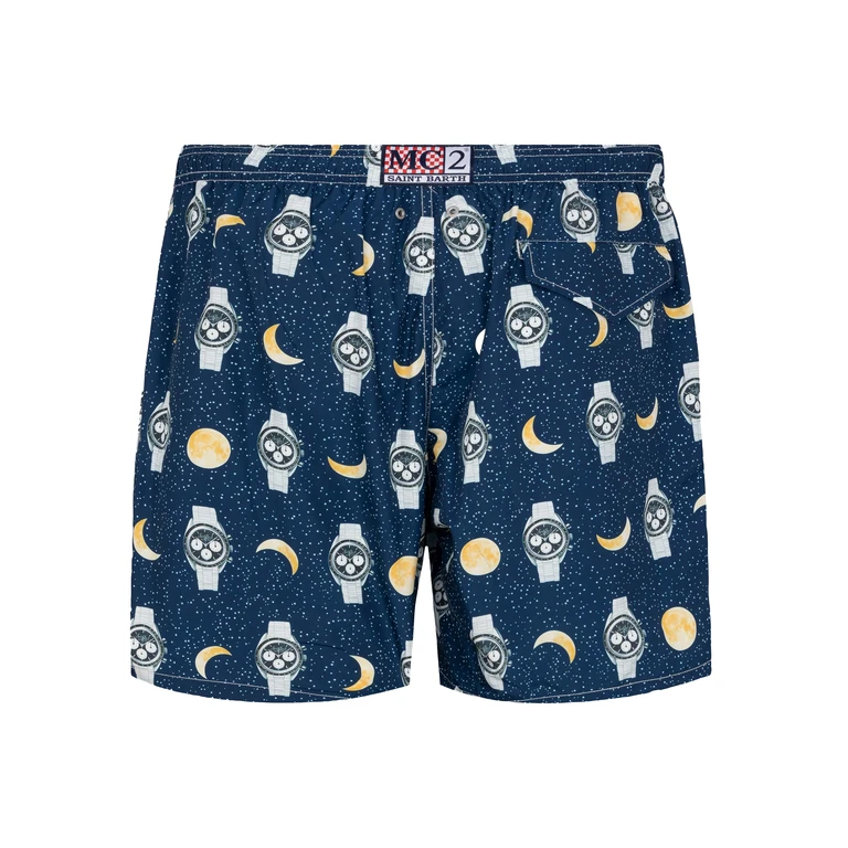 Mc2 Saint Barth Lightweight Fabric Swim-Shorts Lighting With Watches And Moon Print Blue Swimshort - Men