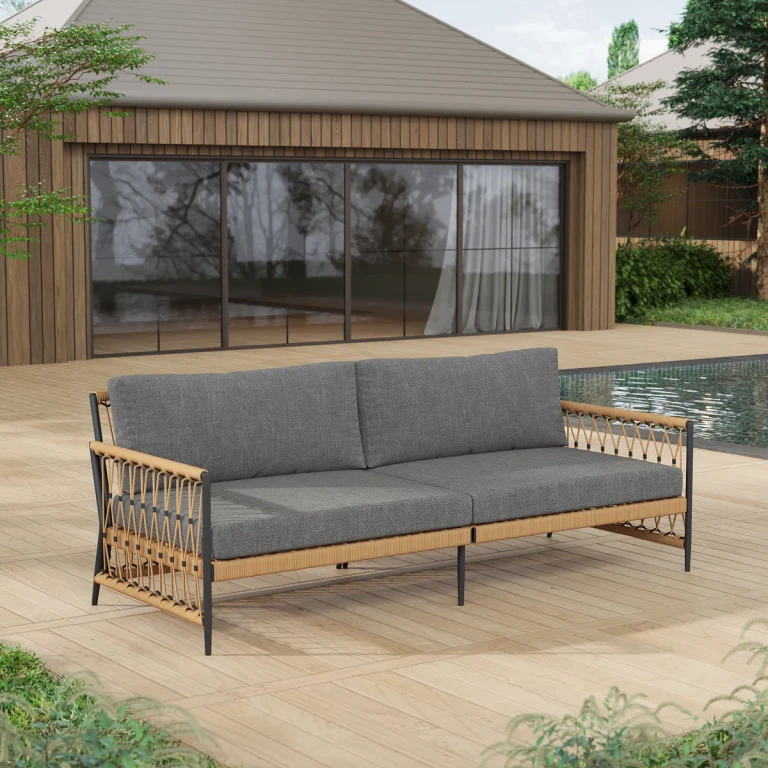 Ropipe Woven Rope Outdoor Sofa 3-Seater Sofa with White Polyester Pillow Cushion