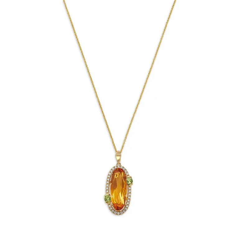 Citrine, Peridot & Diamond Halo Pendant Necklace in 14K Yellow Gold, 20
