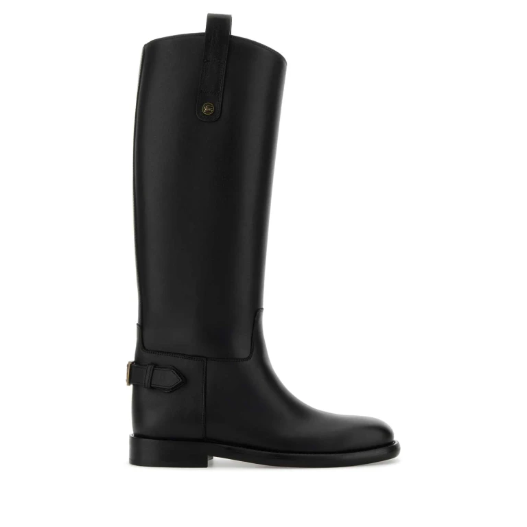Burberry Black Boots With Side Logo Plaque In Leather Woman