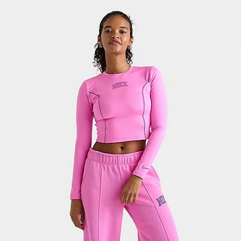 Nike Women's One Dri-FIT Long-Sleeve Top in Playful Pink/Midnight Navy Size: XS