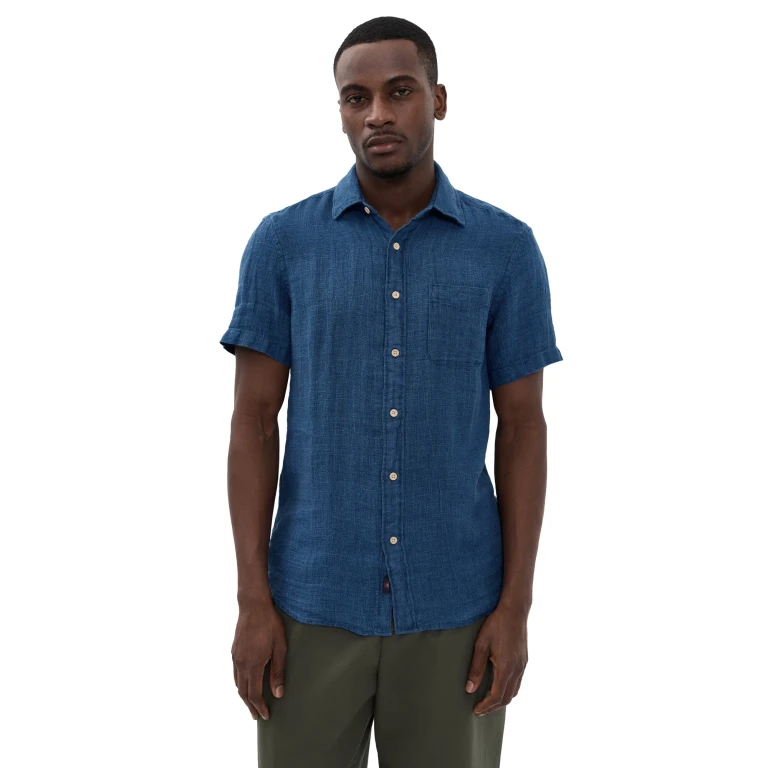 Faherty Short Sleeve Palma Linen Shirt Indigo Basketweave XL