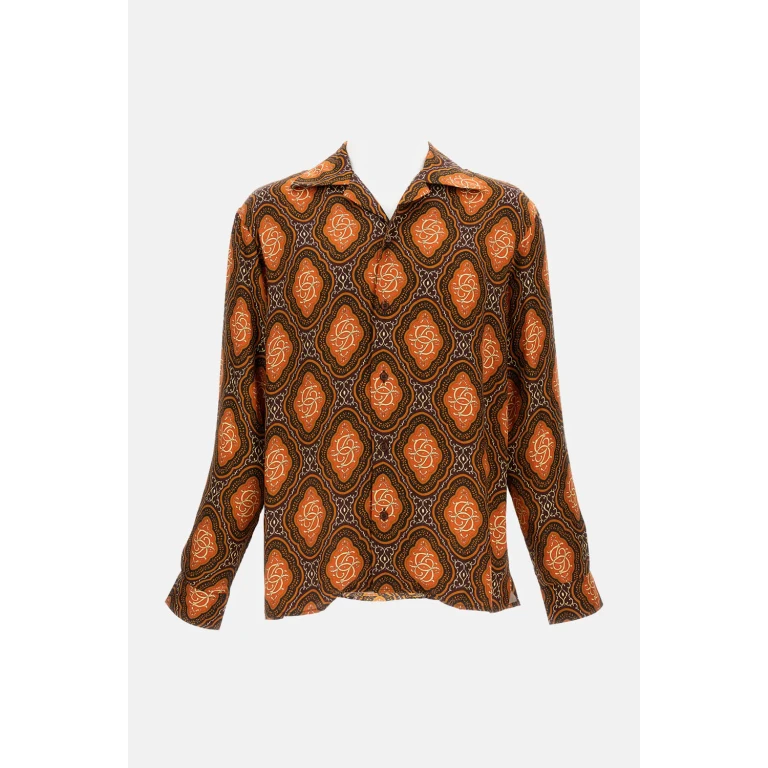 Drôle de Monsieur la Chemise Médaillon Ml Brown Shirt With Cuban Collar And All-over Pattern In Viscose Man