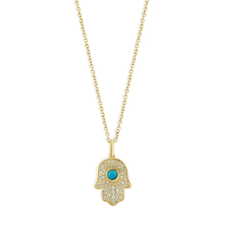 Turquoise & Diamond Hamsa Pendant Necklace in 14K Yellow Gold, 16-18