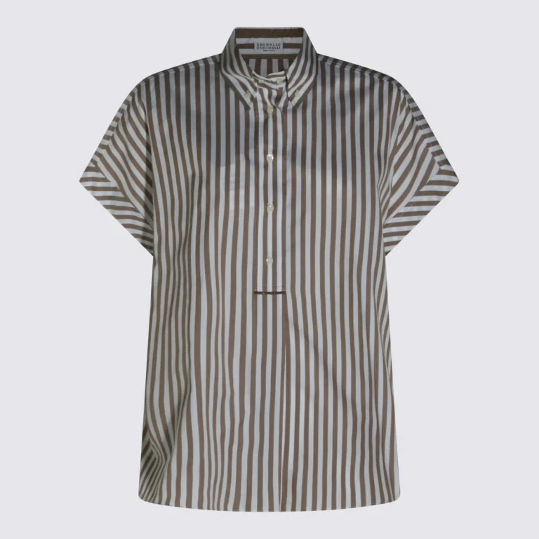 Brunello Cucinelli Brown And White Cotton And Silk Blend Striped Shirt