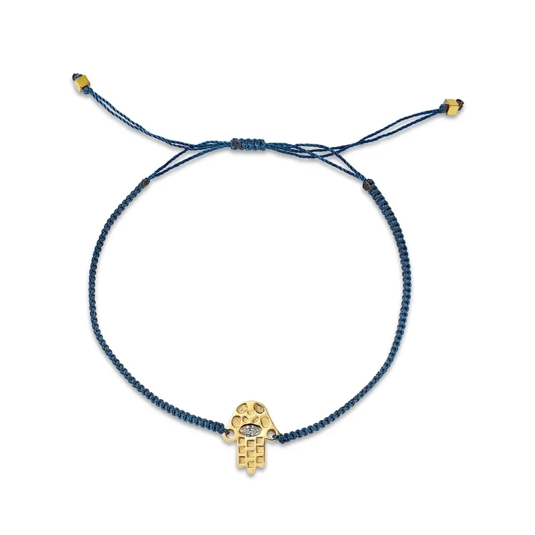 14K Yellow Gold Hilo Lab Grown Diamond Hamsa Hand Black String Slider Bracelet
