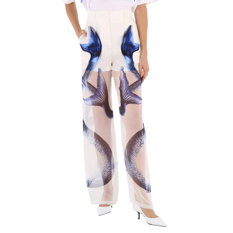 Burberry Ladies Mermaid Tail Print Mulberry Silk Trousers