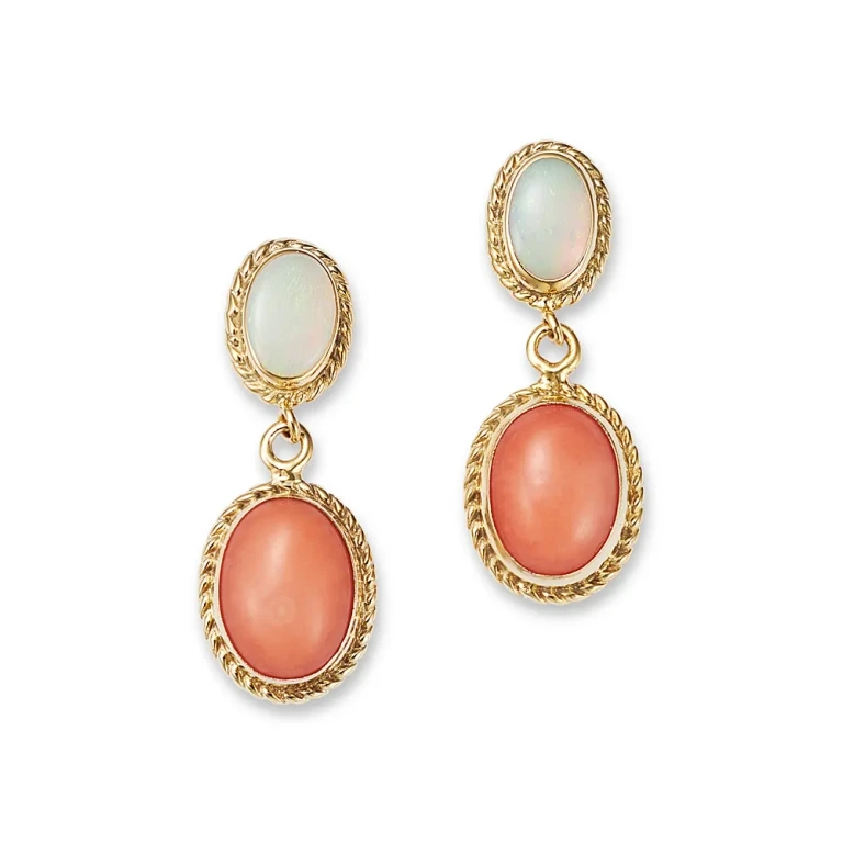 Opal & Coral Double Drop Earrings in 14K Yellow Gold