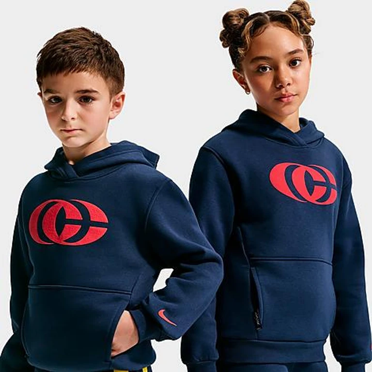 Nike Big Kids x Caitlin Clark Essential Fleece Pullover Hoodie in Midnight Navy/University Red/University Red Size: XS