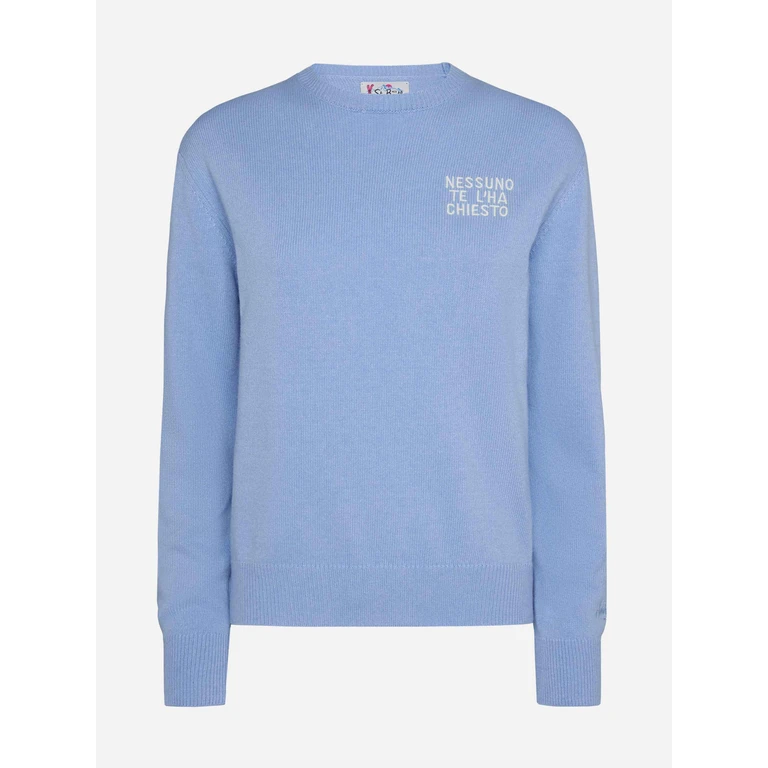 Mc2 Saint Barth Light Blue Sweater New Queen With Nessuno Te Lha Chiesto Embroidery - Women