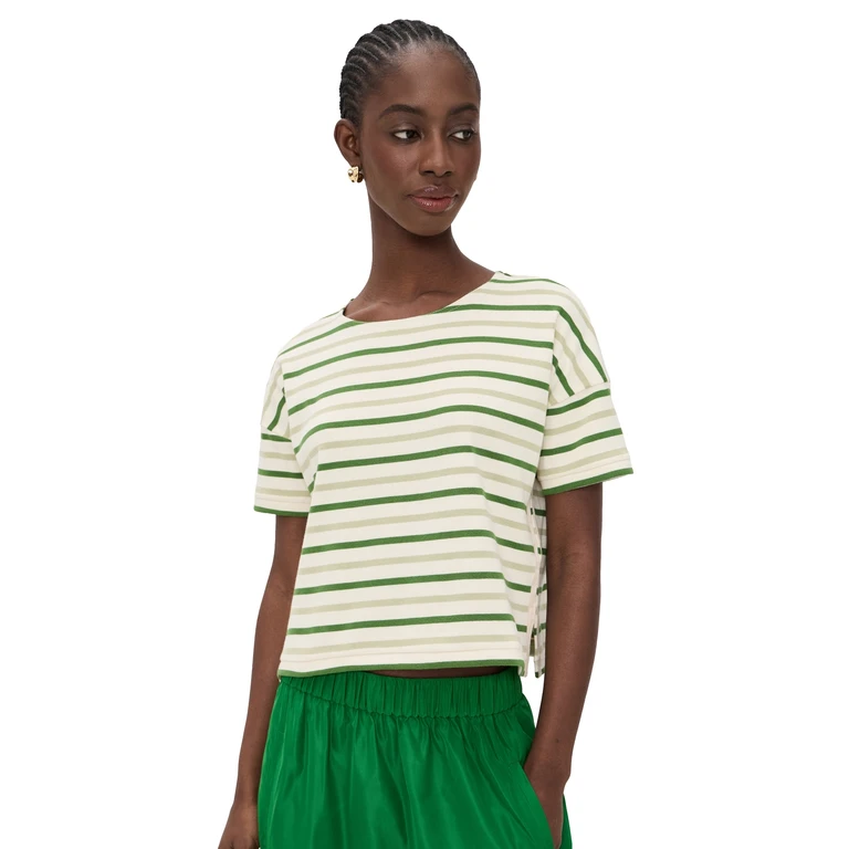 La Ligne Multi Stripe Short Sleeve Breton Tee Ecru/Cactus Green/Celedon Green L