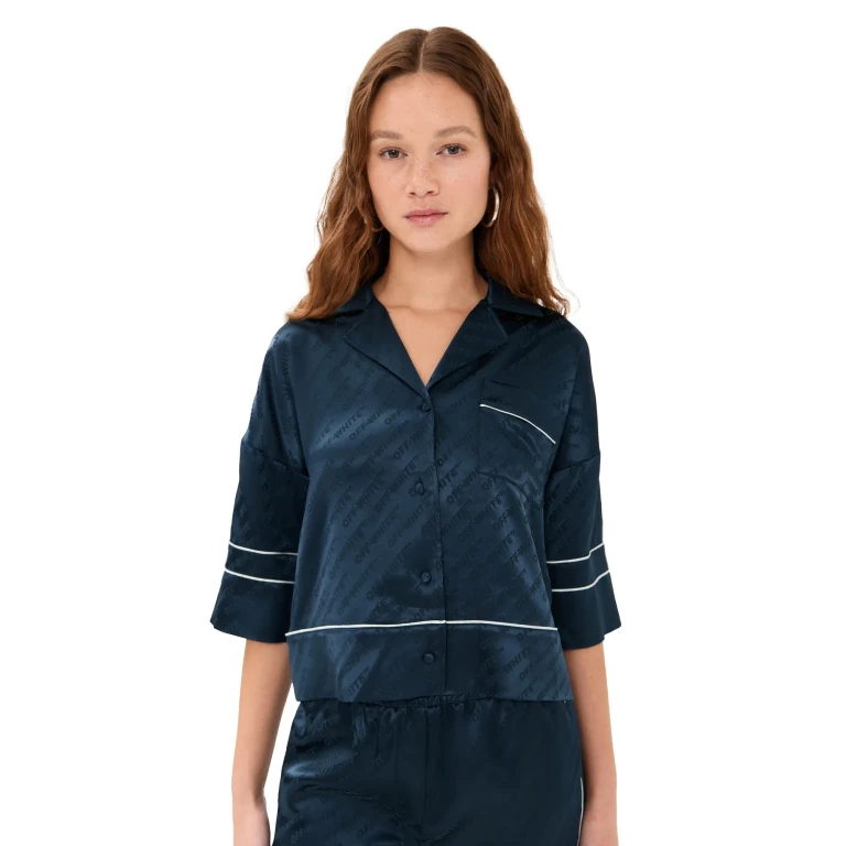 Off-White Jacquard Off Satin Pajama Shirt Blue Iris 42