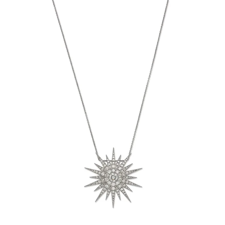Diamond Starburst Pendant Necklace 14K White Gold, 2.0 tcw